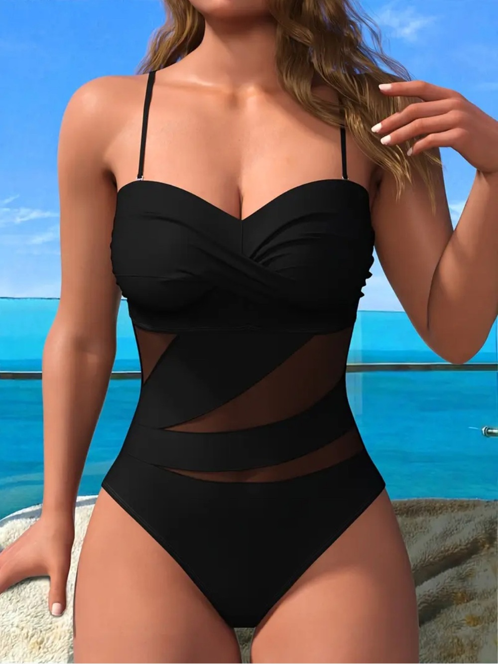 NEW Black Mesh Paneled One-Piece Swimwear - Women Size XL